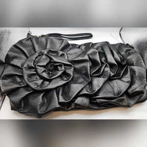 Black genuine faux leather Wristlet Clutch 3d Flower Purse 11" x 7"